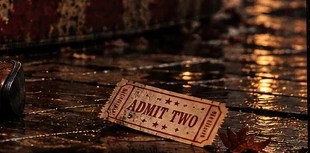 A worn Admit Two ticket lying on damp fairground boards beside abandoned shoes