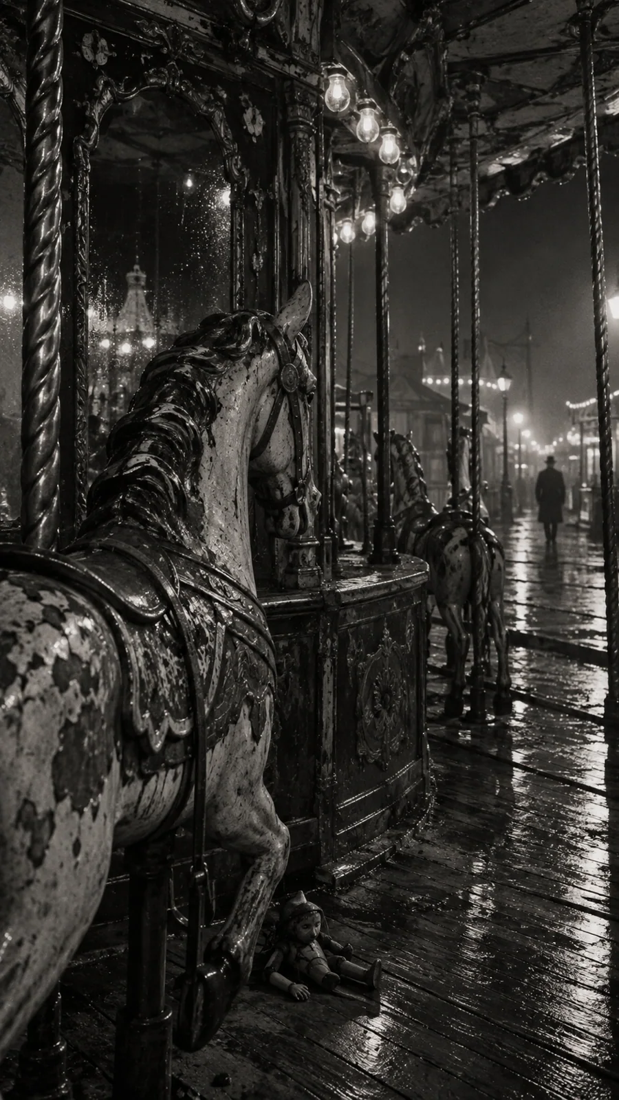 A lonely carousel horse under lights in black and white, with an empty midway behind it