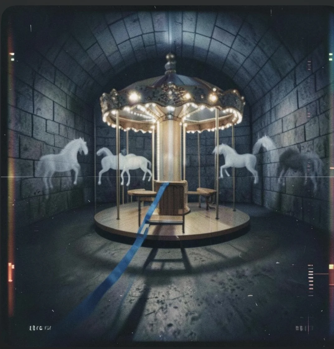 An antique carousel locked inside a vaulted chamber of stone