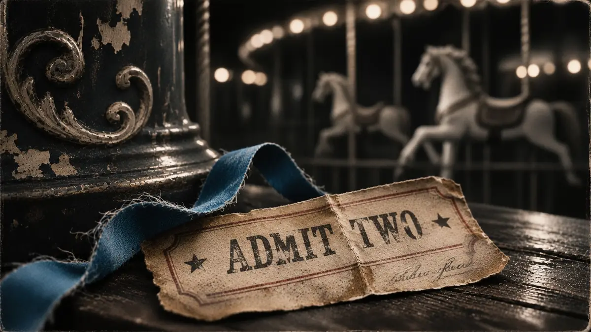 A worn Admit Two ticket lies beside a strip of blue cloth on the carousel boards