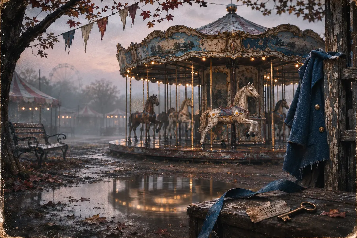 The deserted midway after the music stops: carousel lights in rain, a blue coat, Admit Two ticket and key left behind