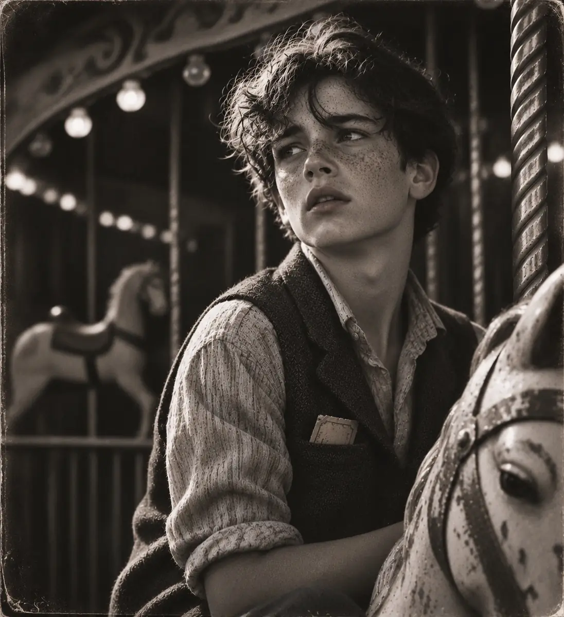 The boy on the carousel, looking over his shoulder with an Admit Two ticket tucked into his waistcoat