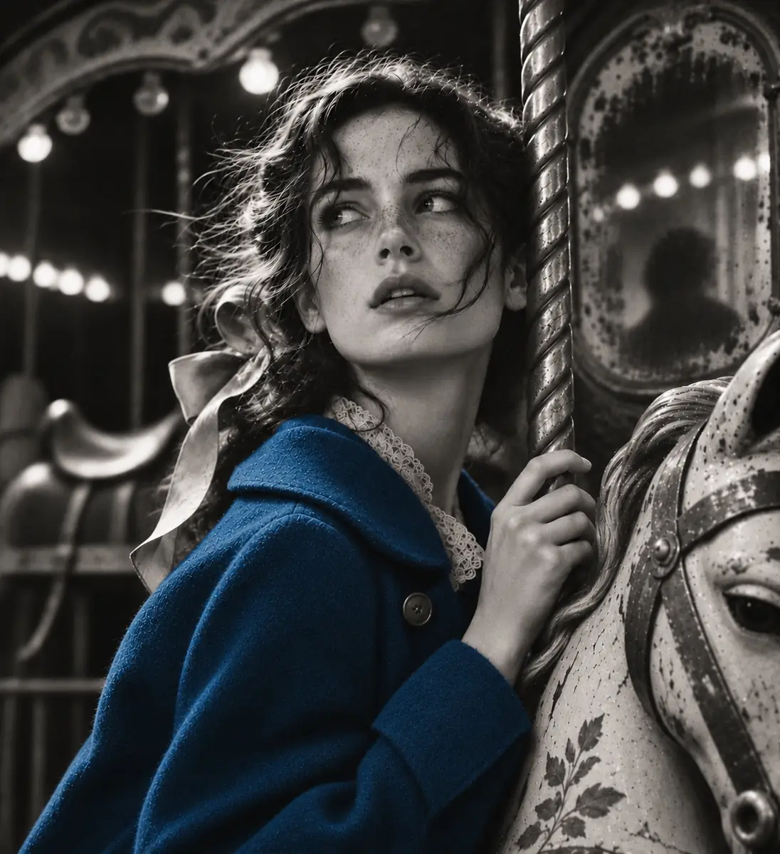 The girl in a vivid blue coat looks over her shoulder on the carousel