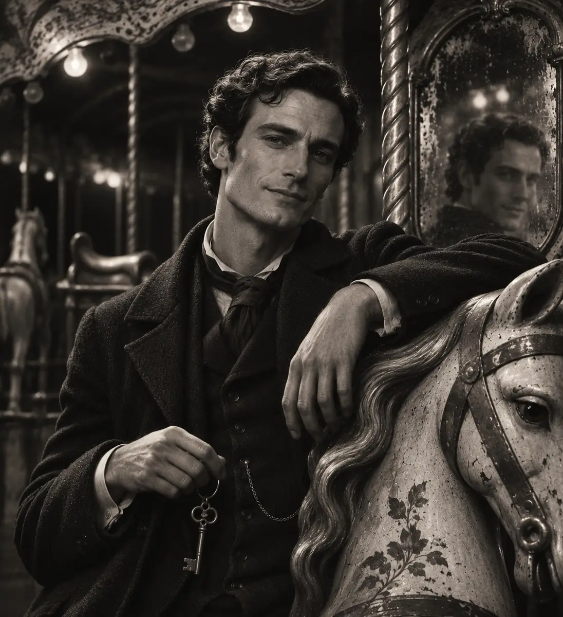 The Puppeteer beside a weathered carousel horse, holding the only key while his reflection watches from a spotted mirror