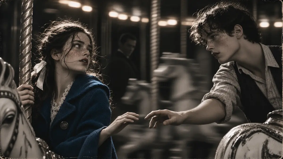 The girl in her blue coat and the boy reach toward each other from neighboring carousel horses while the ride blurs between them