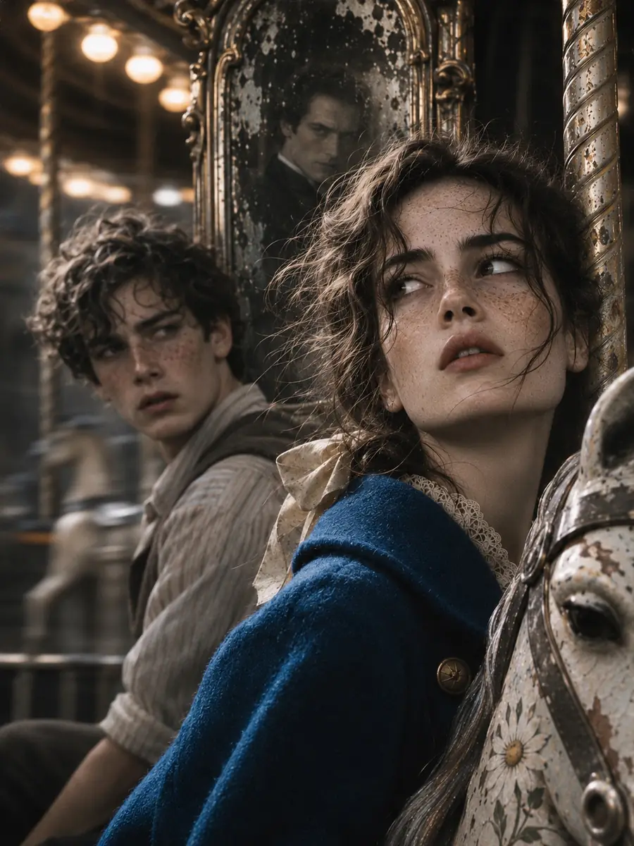 The girl in blue and the boy look back across the carousel while the Puppeteer appears in the mirror