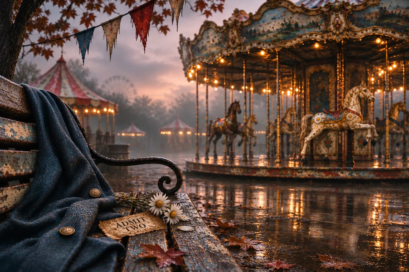 An abandoned blue coat with daisies and an Admit Two ticket on a rainy bench near the carousel