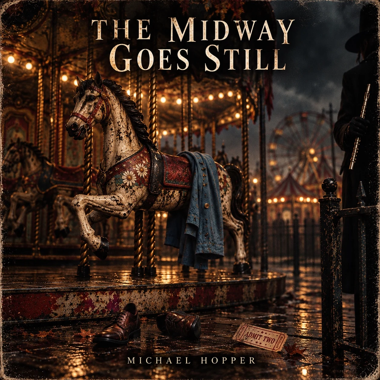 Original Midway Goes Still artwork: an illuminated, weathered carousel horse, a blue coat, and a shadowy figure at the rail