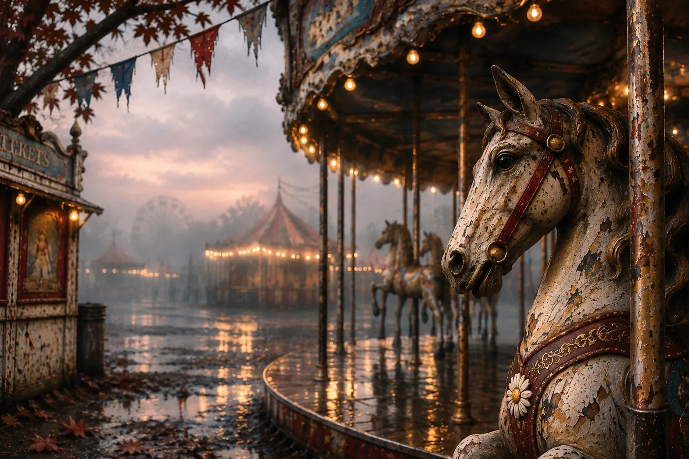 White carousel horse with painted daisies, beneath the warm lamps of a deserted autumn fair