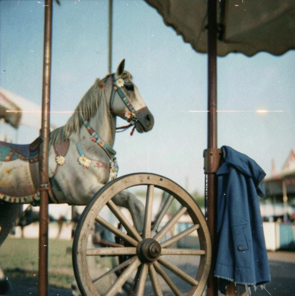 A flower-decorated carousel horse, a small wooden wheel, and a blue coat left hanging beside the fair