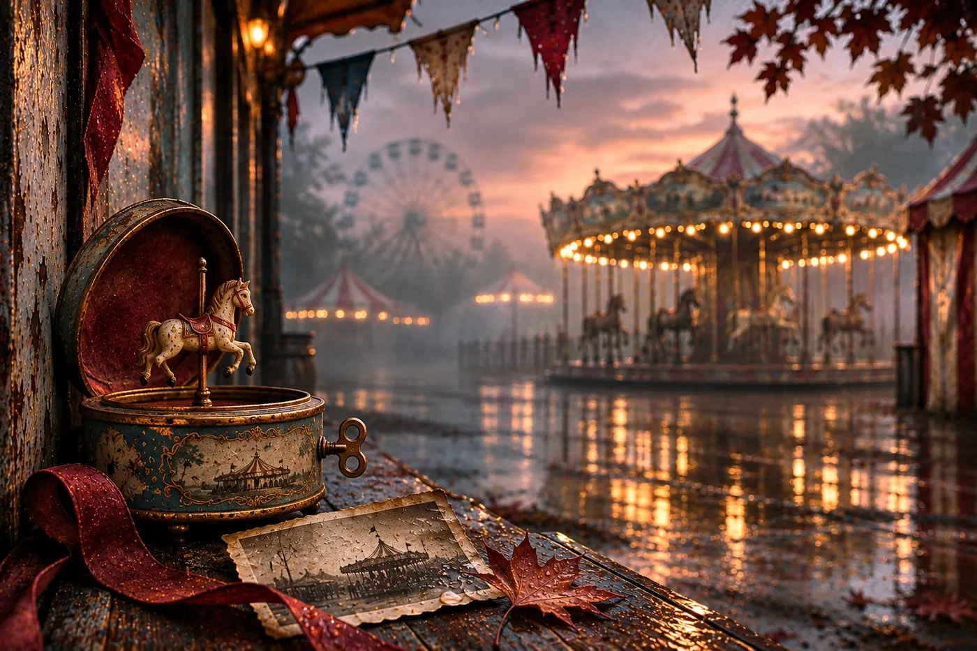 An antique miniature carousel music box beside an old fairground photograph in autumn light