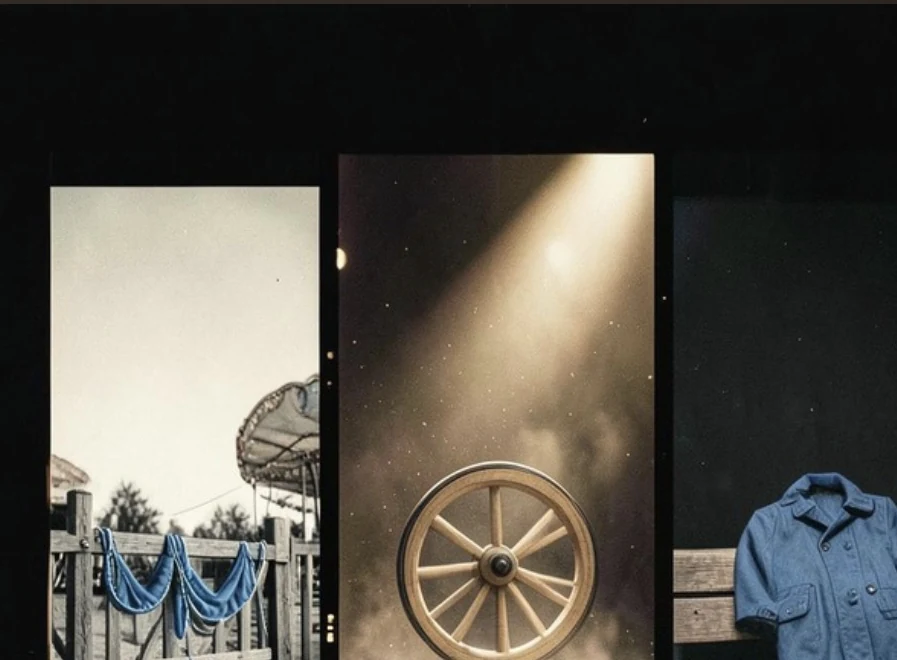 Three film frames showing blue ribbons, a wooden wheel, and an abandoned blue coat
