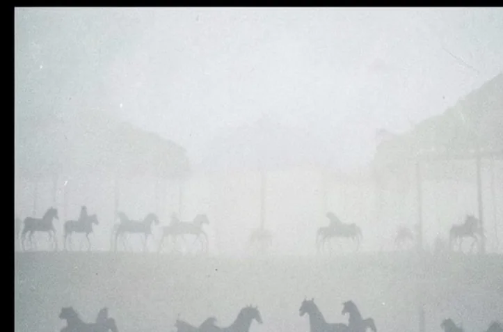 Carousel horses fading into dense white mist