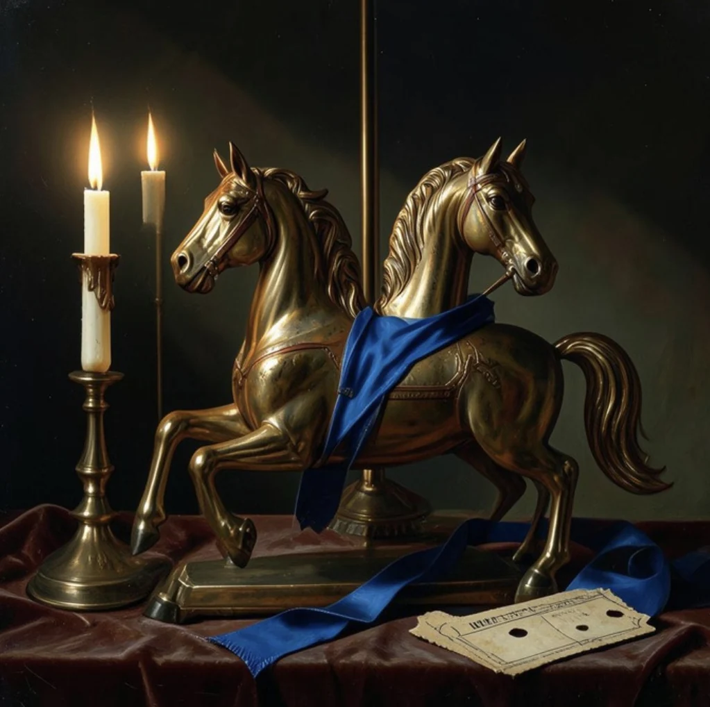 Two gilded carousel horses stand beside two candles, with a blue ribbon draped across one of them