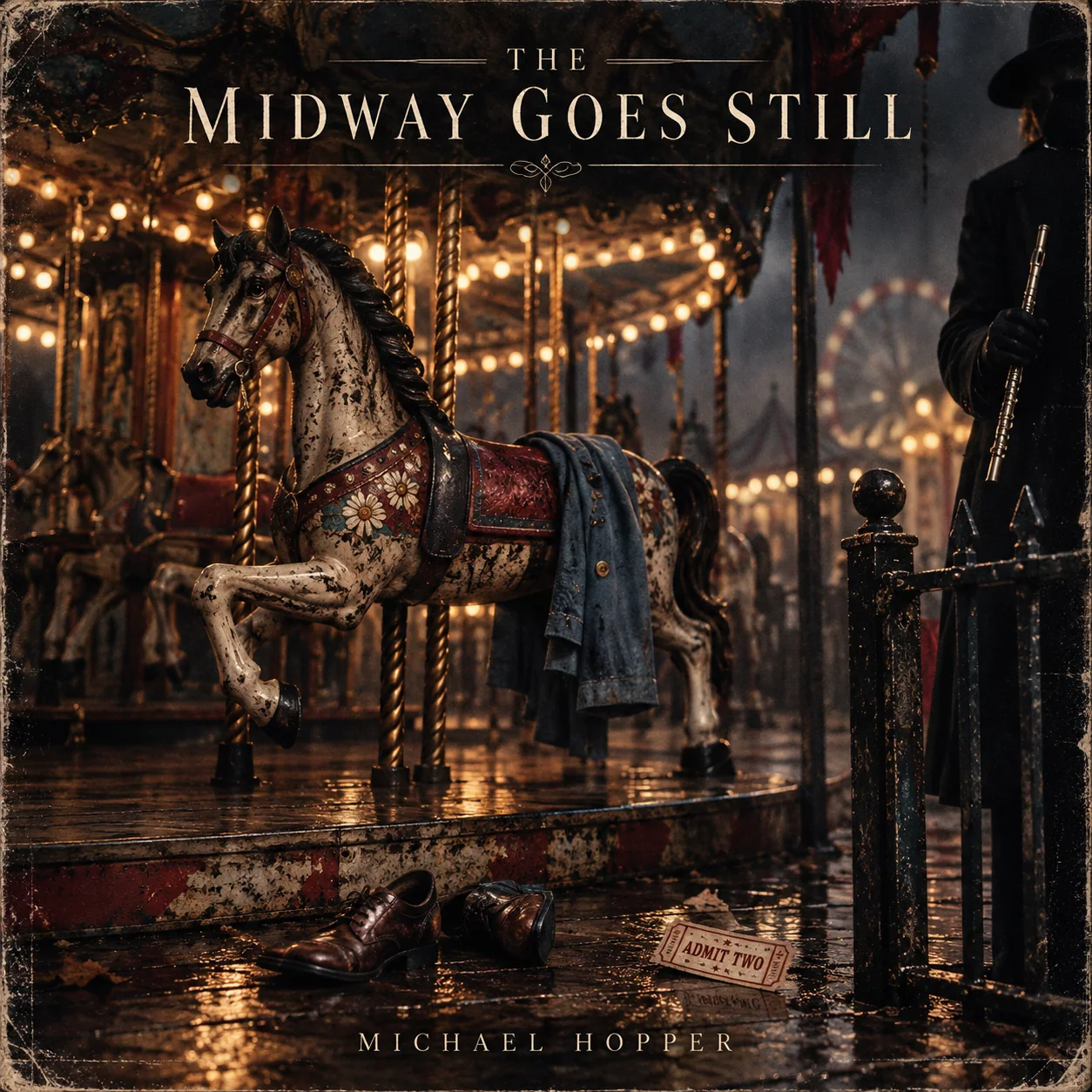 Original Midway Goes Still cover featuring the carousel and the blue coat