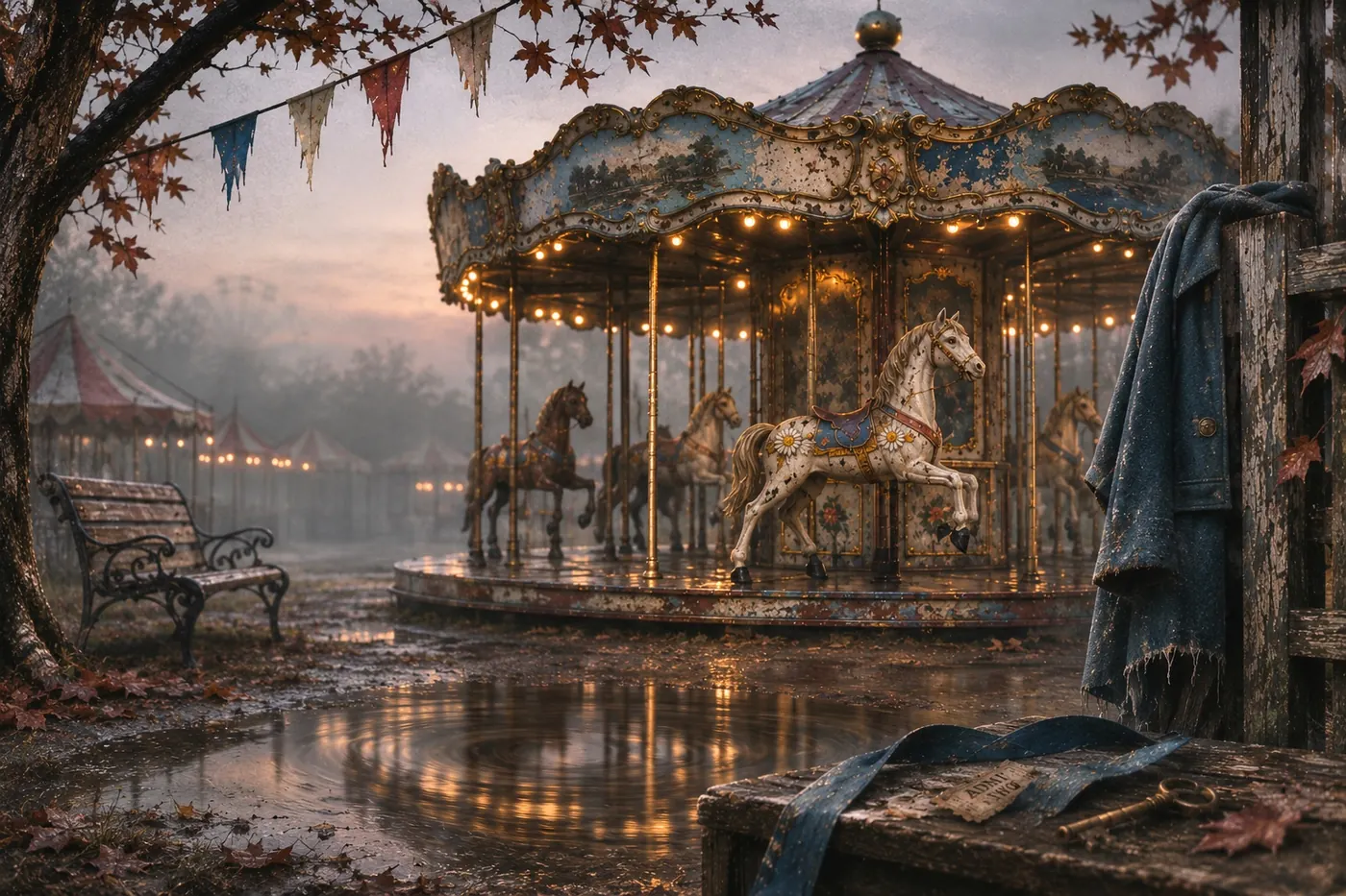 At dusk, the painted carousel glows over wet ground while a blue coat hangs near the edge of the fair