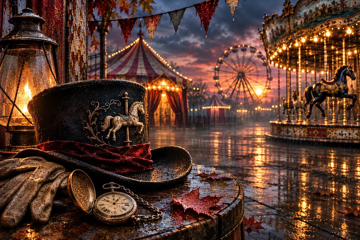 A decorated black top hat, ivory gloves, an antique pocket watch and a lantern beside the deserted midway