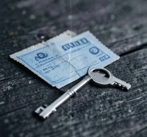 An old blue fairground ticket and silver key on weathered boards