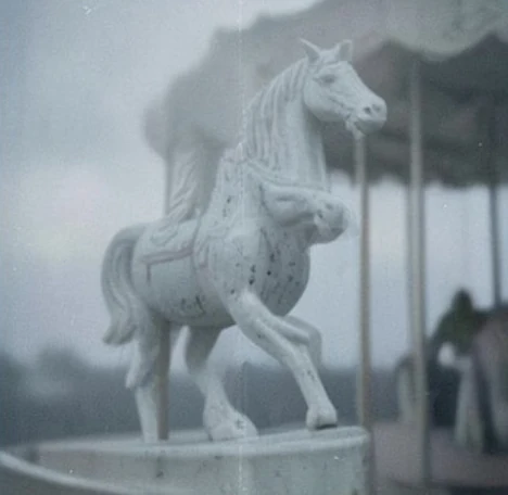A pale wooden horse appears almost to dissolve into the mist at the fair
